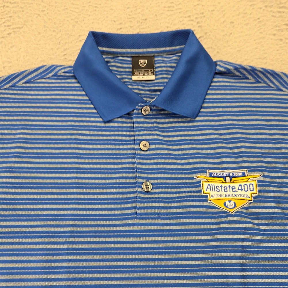 Nike Golf Shirt Mens Large Blue Allstate 400 2008 Dri Fit UV Striped Polo